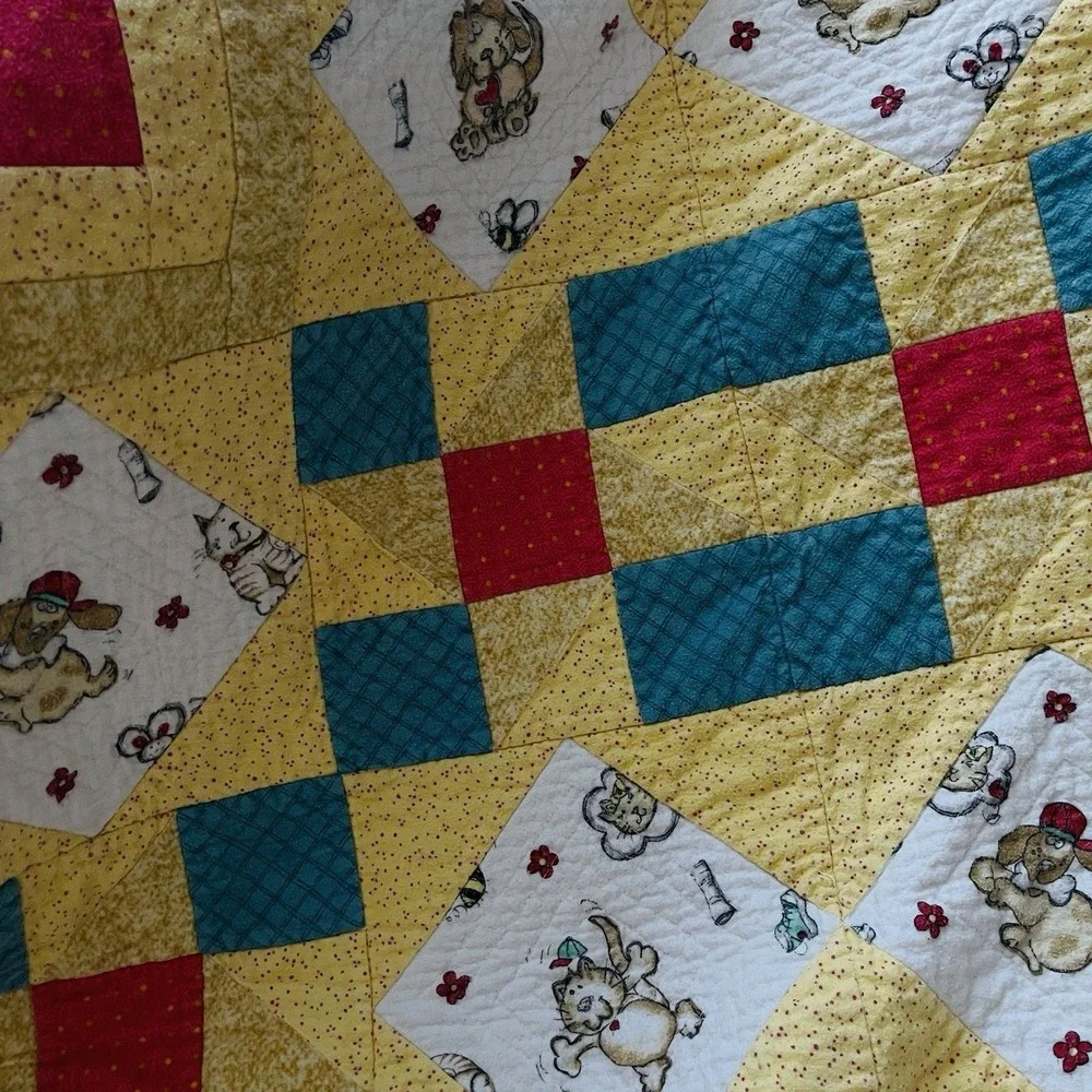 Vintage Flannel Baby Quilt Blanket Handmade Cats Dogs White Yellow Unisex  48x56